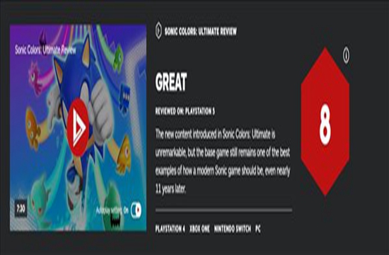 《索尼克色彩终极版》IGN 8分 当代系列最佳范例之一